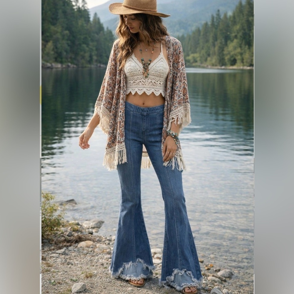 Cello Flare Leg Pull-On Stretch Denim Pants Raw High Low Hem